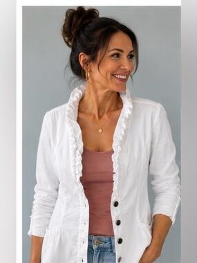 Jensen Women White Ruffle Collar Cotton Jacket – EU 38 / Approx. US 6